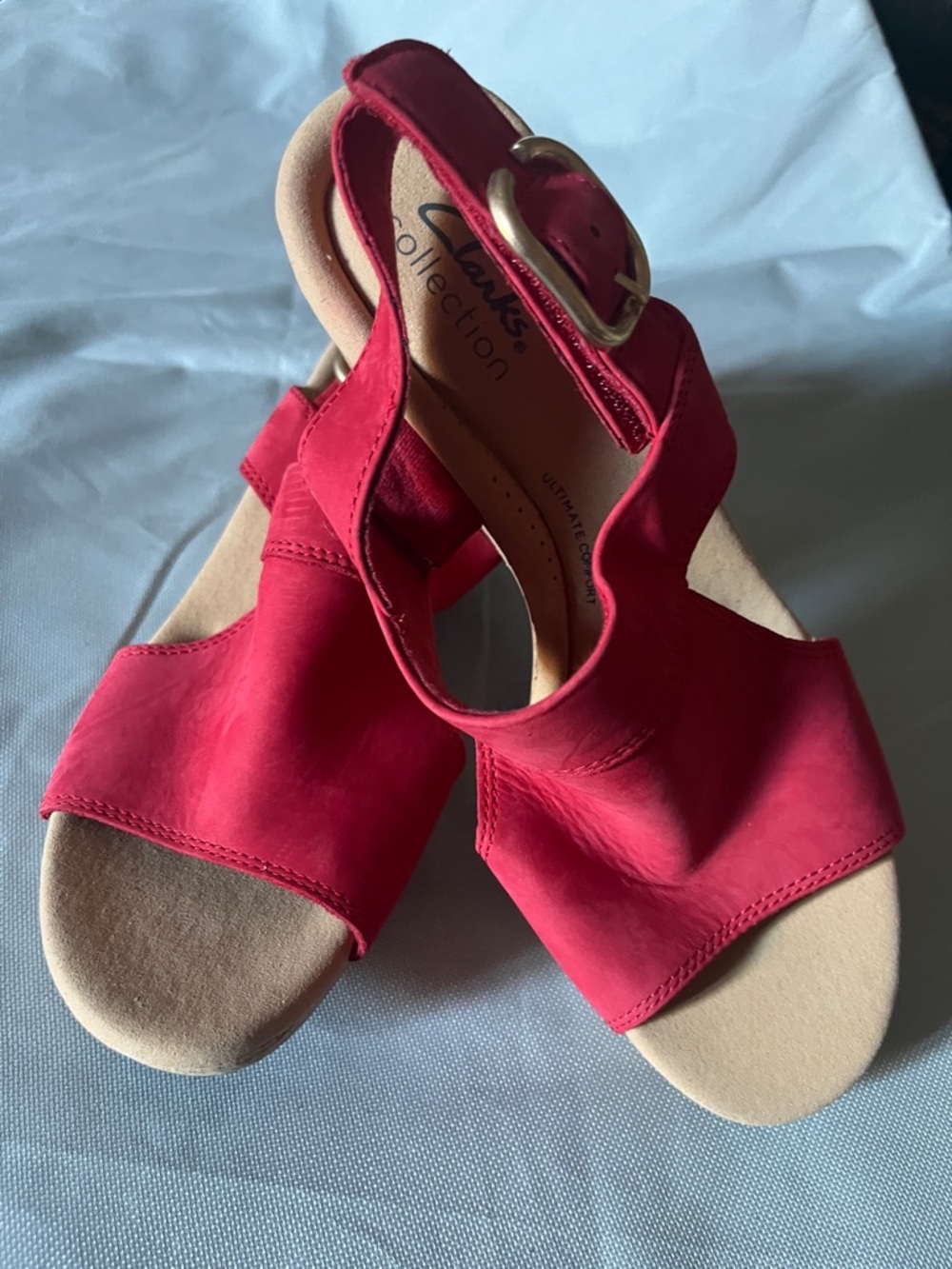 Clarks Red Leather Women's Slingback Sandals with Gold Buckle